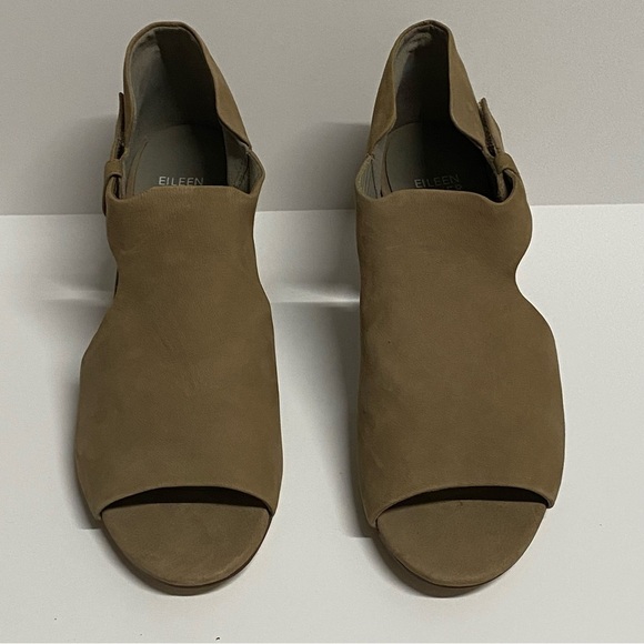 Eileen Fisher Iris Tan Tumbled Nubuck Leather Peep Toe Stacked Heel Sandals 9 - Picture 2 of 5